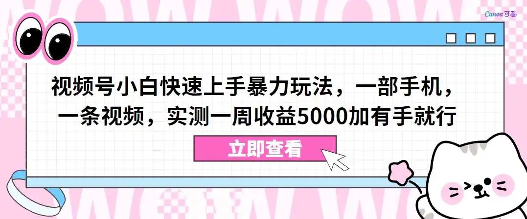 视频号小白快速上手暴力玩法，一部手机，一条视频，实测一周收益5000加有手就行