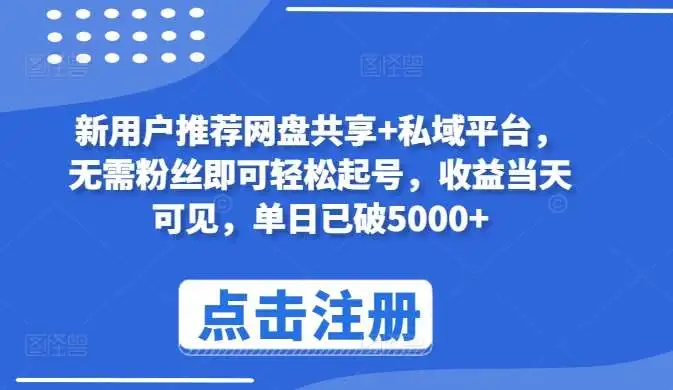 网盘拉新项目：推荐新用户即可盈利，无需粉丝！单日收益破5000+的赚钱项目