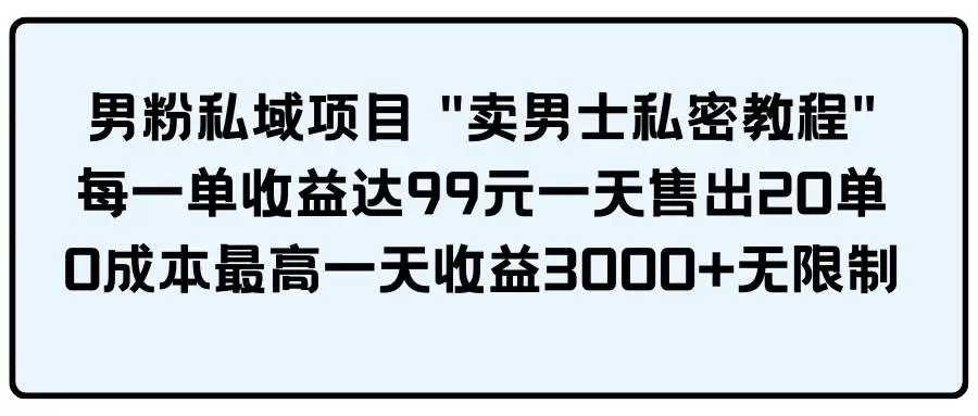 男粉私域项目 “卖男士私密教程” 每一单收益达99元一天售出20单