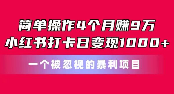 简单操作4个月赚9万！小红书打卡日变现1000+！一个被忽视的暴力项目