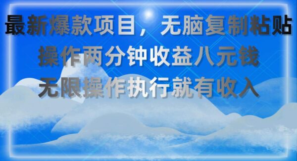 最新爆款项目，无脑复制粘贴，操作两分钟收益八元钱，无限操作执行就有收入