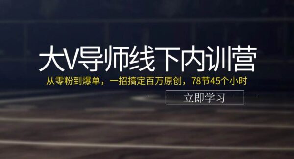 大V导师线下内训营：从零粉到爆单，一招搞定百万原创，78节45个小时