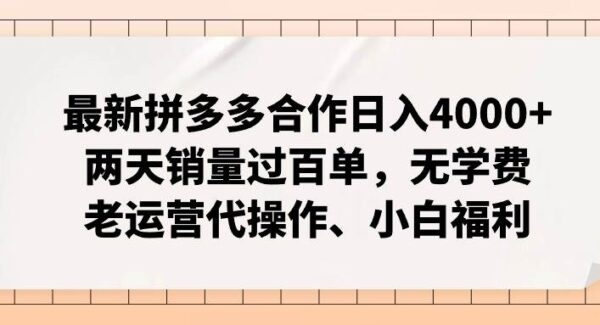 最新拼多多合作日入4000+两天销量过百单，无学费、老运营代操作、小白福利