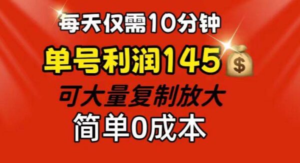 每天仅需10分钟，单号利润145 可复制放大 简单0成本