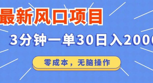 最新风口项目操作，3分钟一单30。日入2000左右，零成本，无脑操作