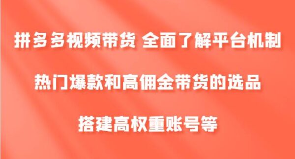 拼多多视频带货 全面了解平台机制、热门爆款和高佣金带货的选品，搭建高权重账号等