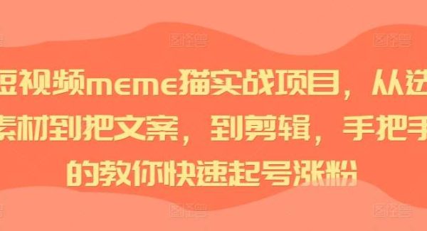 短视频meme猫实战项目，从选素材到把文案，到剪辑，手把手的教你快速起号涨粉