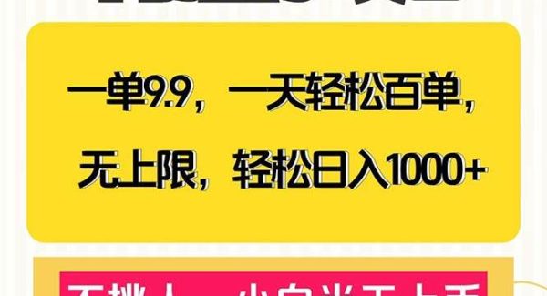 一单9.9，一天百单无上限，不挑人，小白当天上手，轻松日入1000+