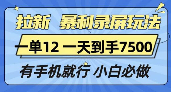 拉新暴利录屏玩法，一单12块，一天到手7500，有手机就行