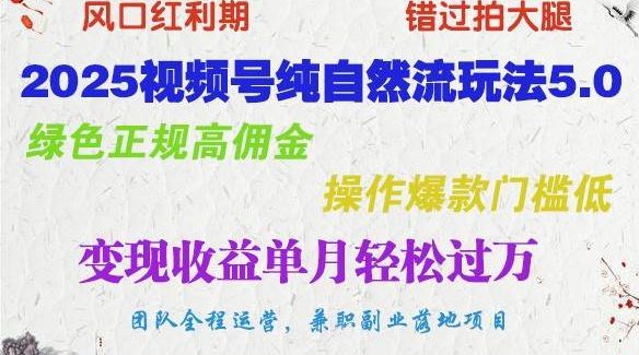 2025视频号纯自然流玩法5.0，绿色正规高佣金，操作爆款门槛低，变现收益单月轻松过万