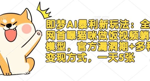 即梦AI暴利新玩法：全网首曝猫咪做饭视频躺Z模型，官方漏洞期+多种变现方式，一天5张